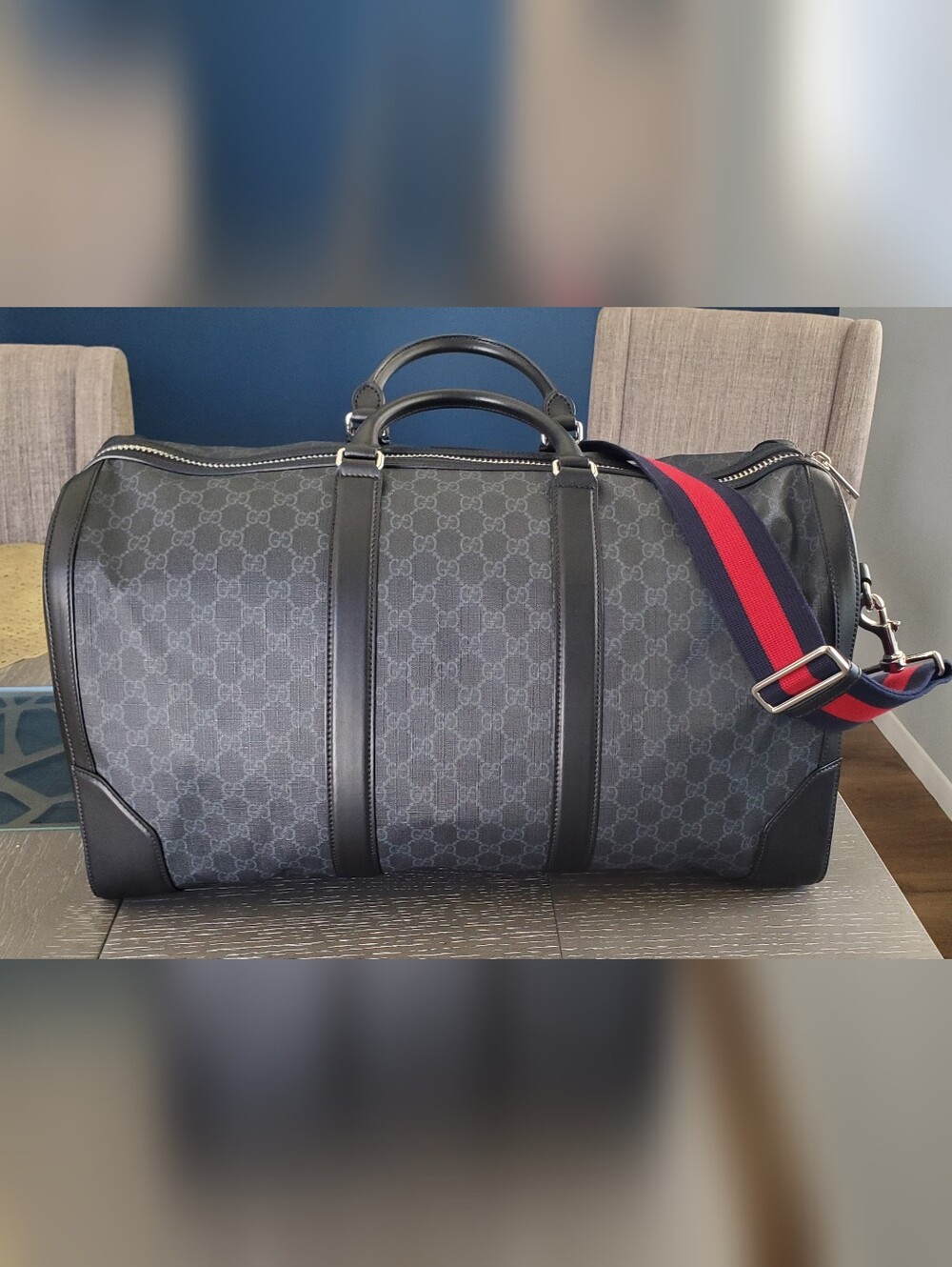 Gucci Black GG Supreme Duffel with Red and Blue Web Strap - Picture 2 of 12